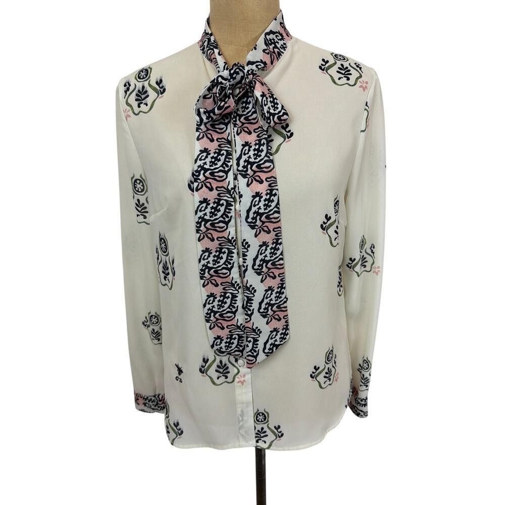 Vintage Christian Dior Cream Multicolored Floral Silk Blouse Tie Collar M